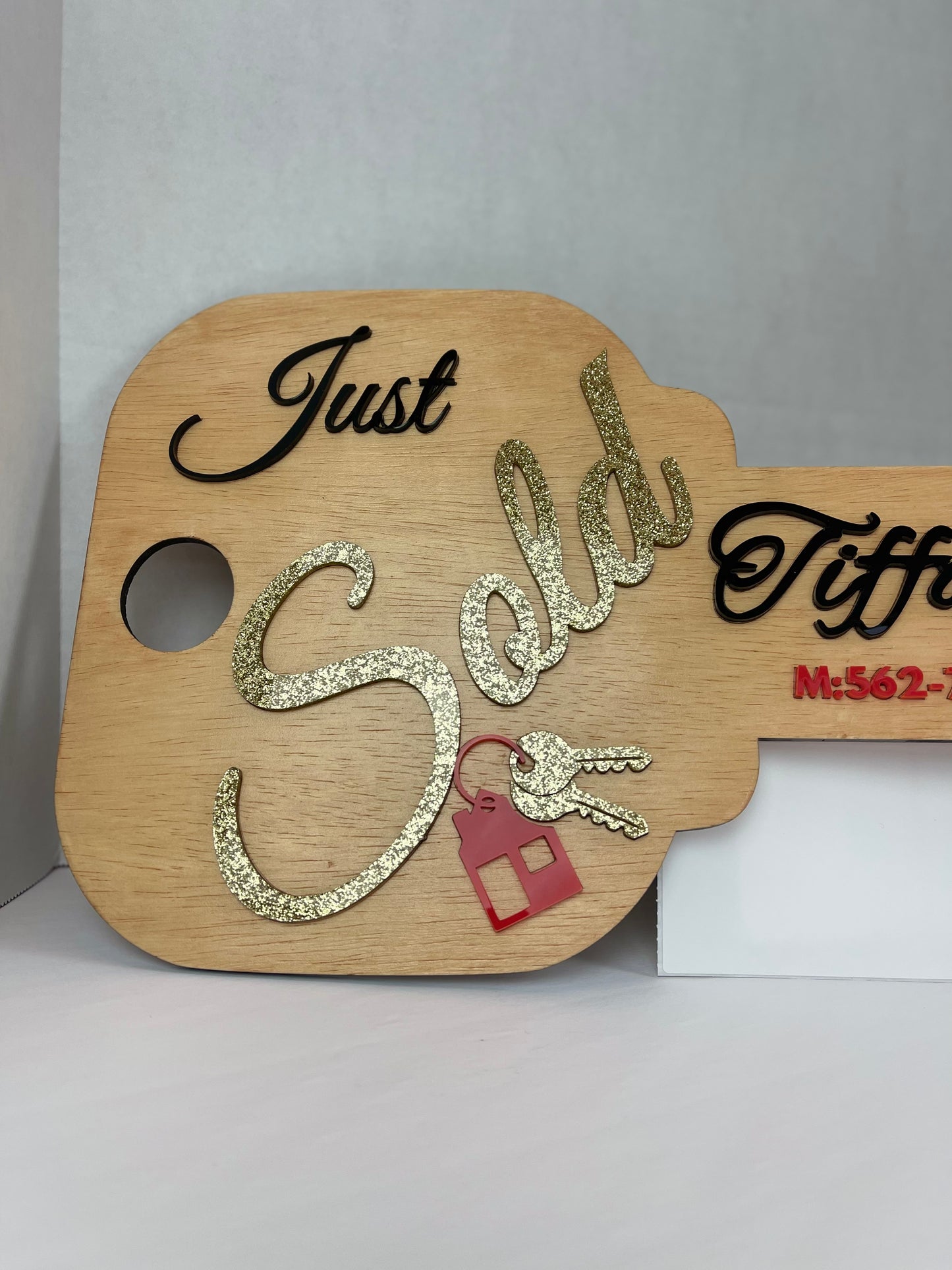 Custom Engraved Realtor Key Signs | Fully Customizable ( Wood backing & black, red & gold glitter lettering)