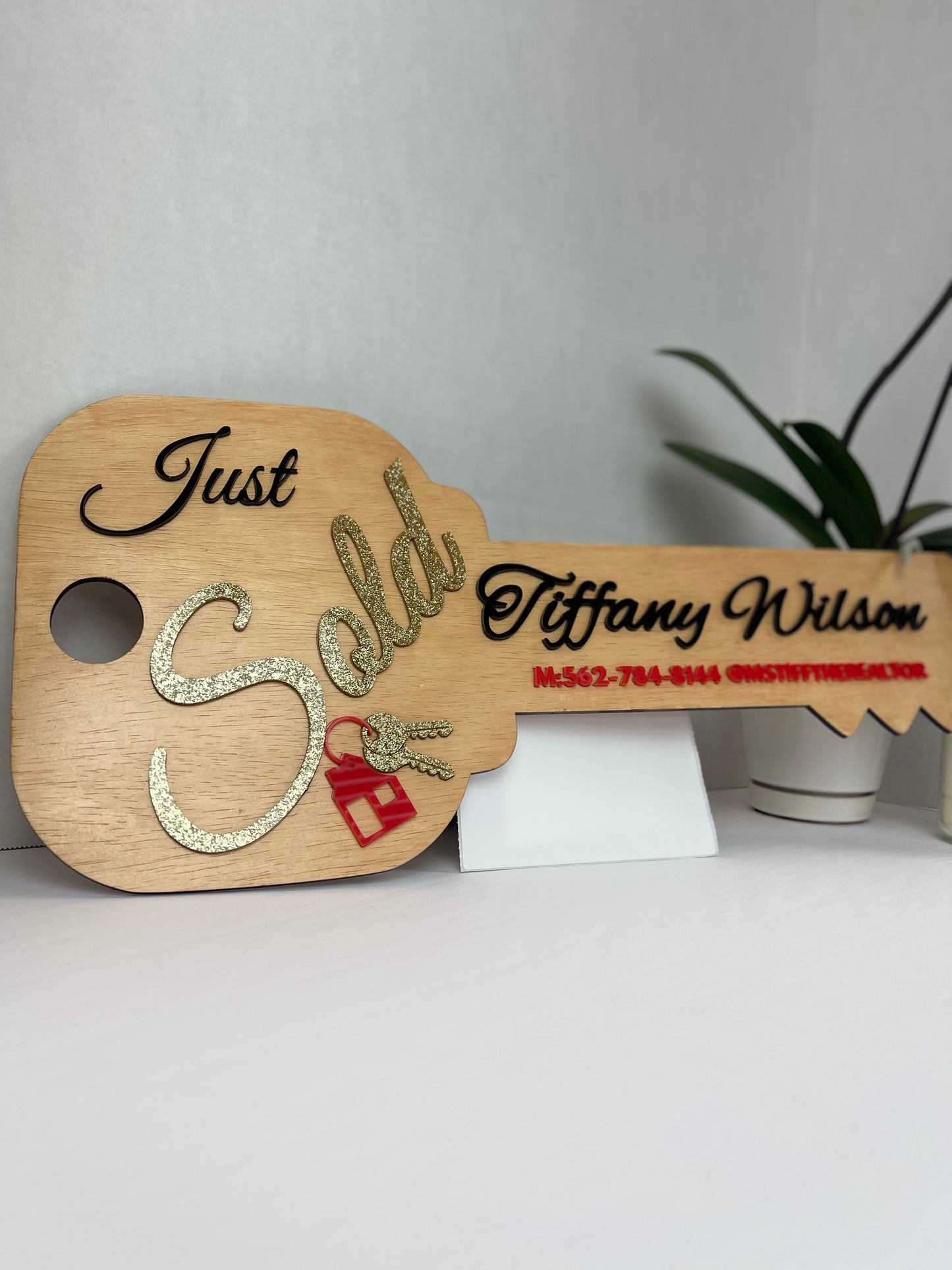 Custom Engraved Realtor Key Signs | Fully Customizable ( Wood backing & black, red & gold glitter lettering)