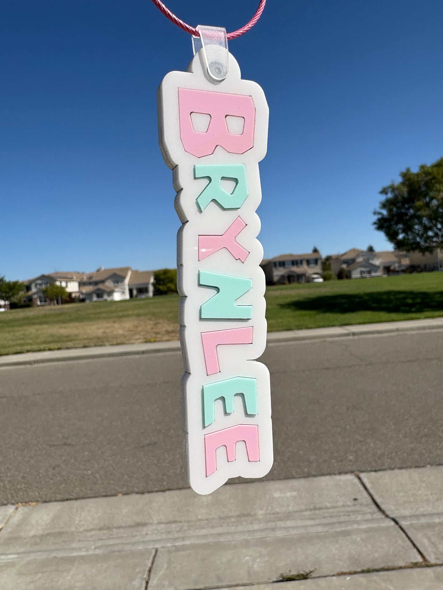 Custom Acrylic Laser-Cut Name Tags (White background & pink & blue letters)