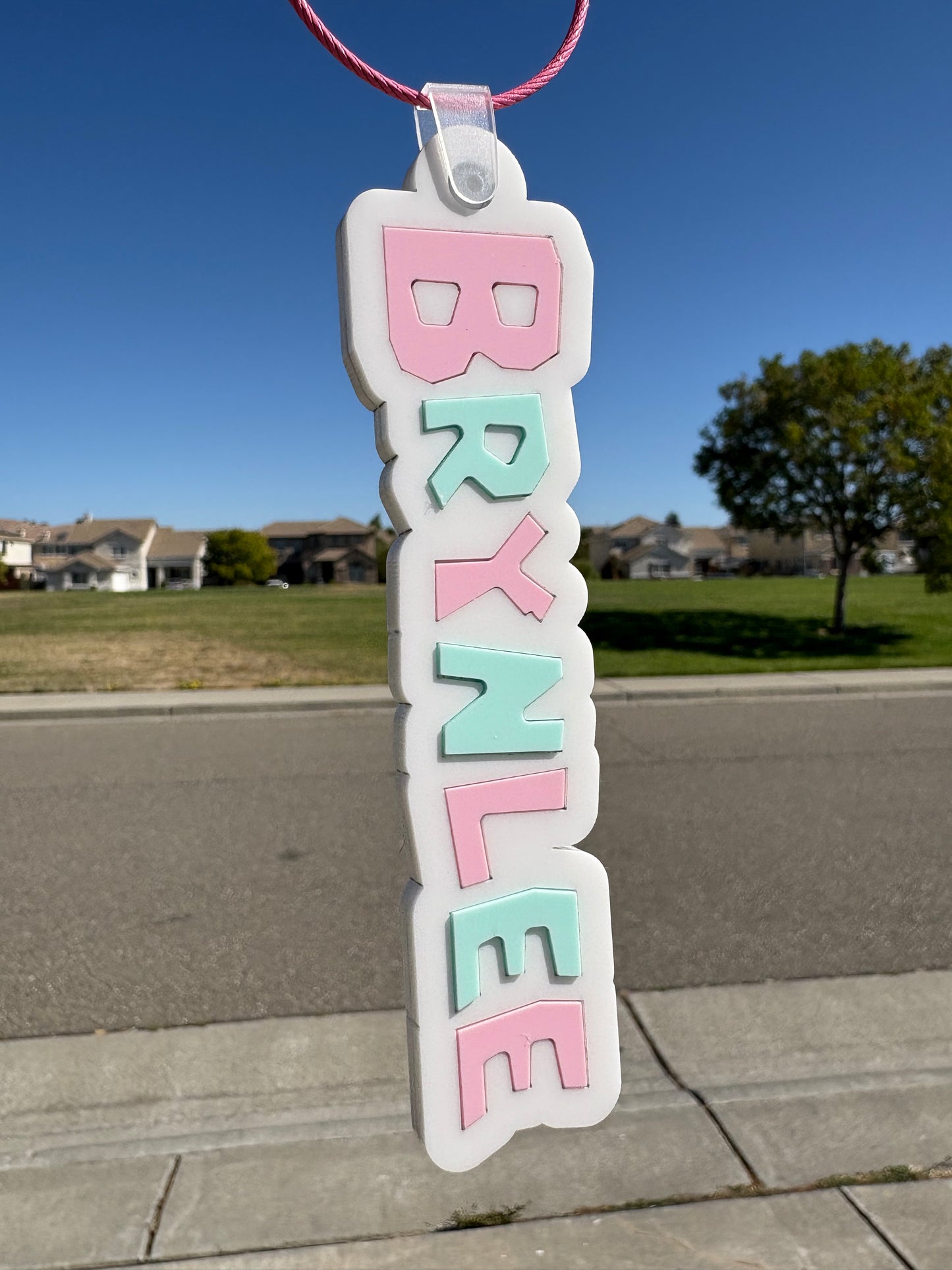 Custom Acrylic Laser-Cut Name Tags (White background & pink & blue letters)