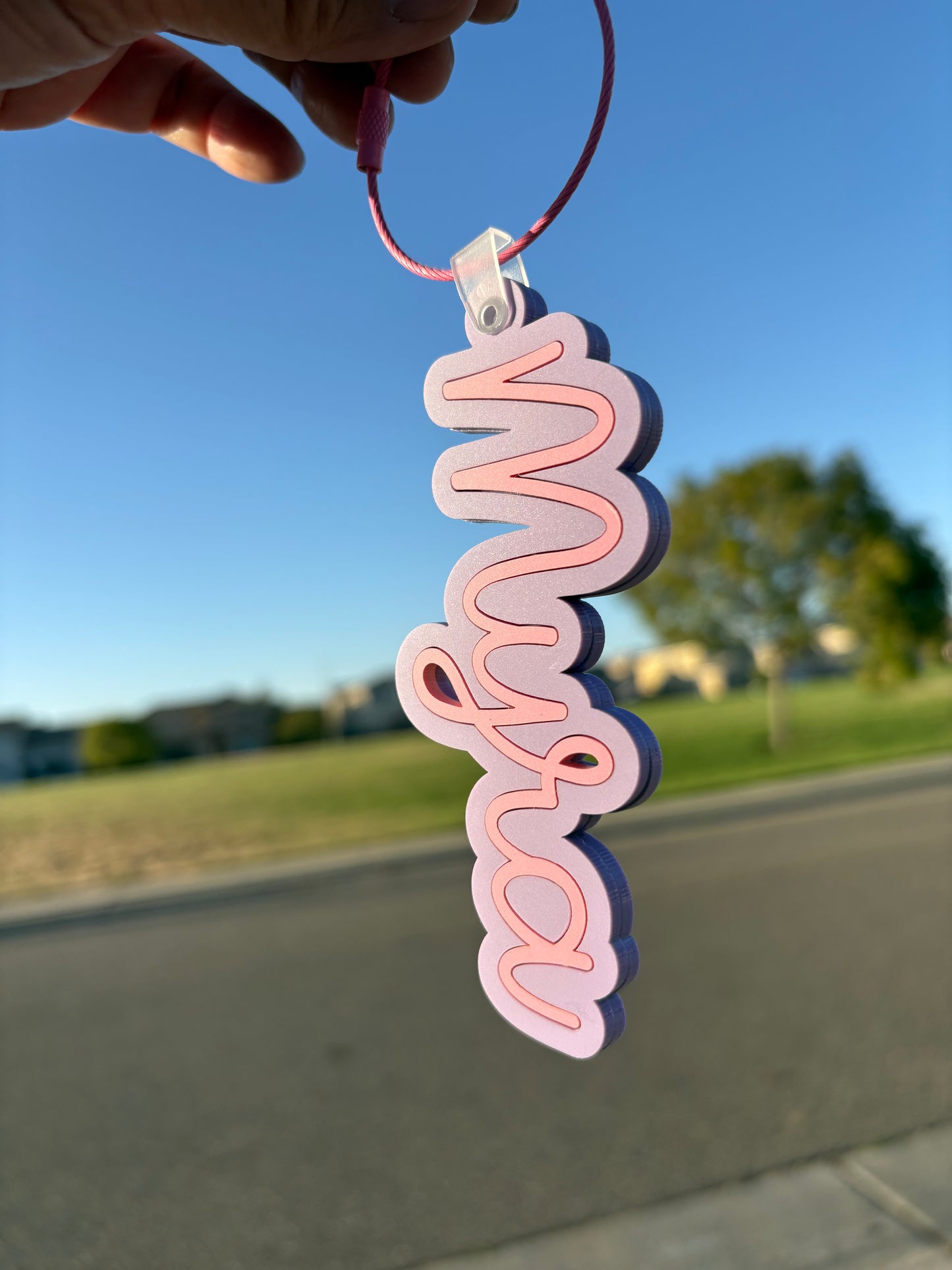 Custom Acrylic Laser-Cut Name Tags (Purple background & pink letters)