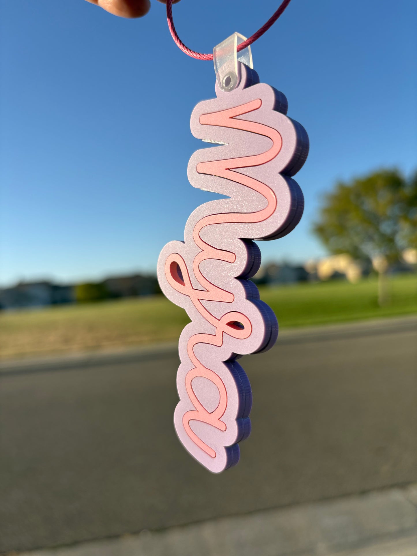 Custom Acrylic Laser-Cut Name Tags (Purple background & pink letters)