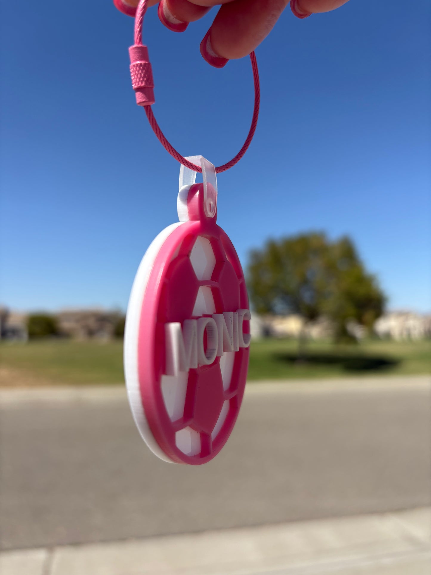 Custom Acrylic Laser-Cut Soccer Name Tags (White background & pink letters)