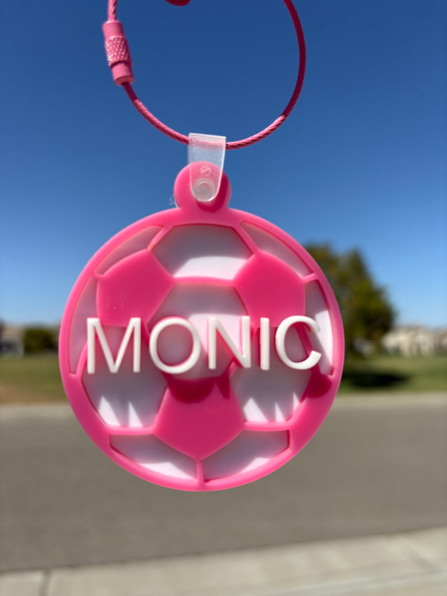 Custom Acrylic Laser-Cut Soccer Name Tags (White background & pink letters)