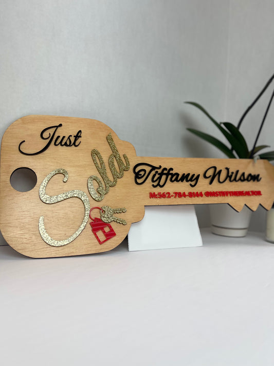 Custom Engraved Realtor Key Signs | Fully Customizable ( Wood backing & black, red & gold glitter lettering)