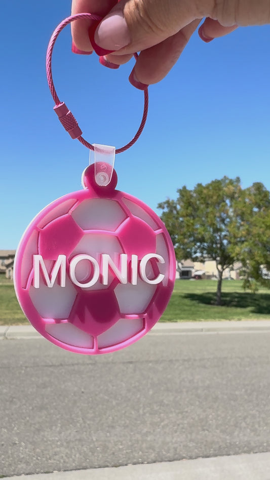 Custom Acrylic Laser-Cut Soccer Name Tags (White background & pink letters)