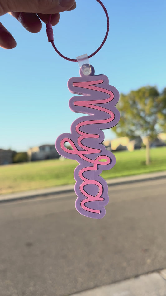 Custom Acrylic Laser-Cut Name Tags (Purple background & pink letters)